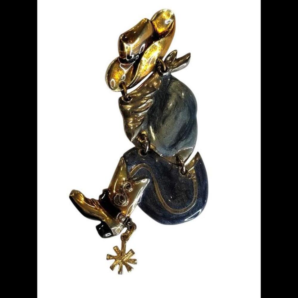 Vintage Don Lin Articulated Blue and Gold Enamel Cowboy Brooch